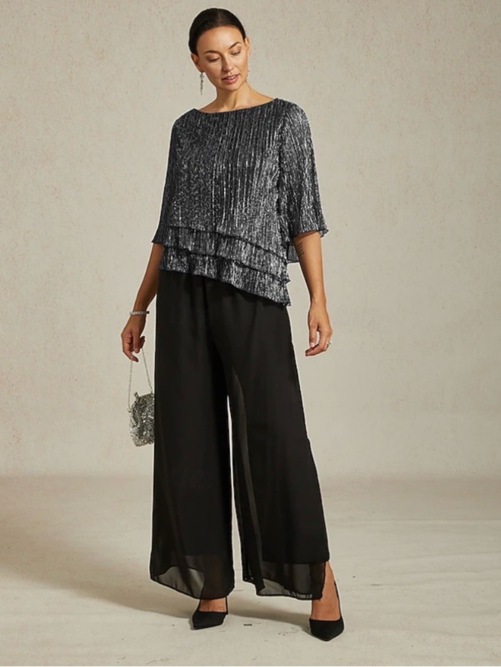 New! MsGlamor Black Wide-Leg Chiffon Palazzo Pants Pull On Large NWT